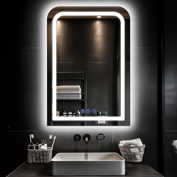 LED Bathroom Mirror, 24"x 36" LED Mirror with Lights for Bathroom, Lighted Vanity Mirrors for Wall, Anti-Fog, Dimmable, Tempered Glass, Memory Function, 3 Colors, Safe Use (White)