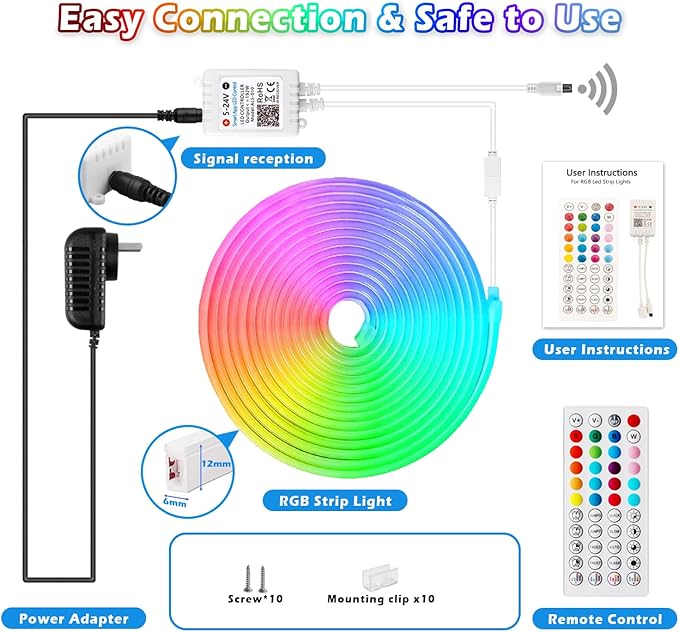 L8star 16.4ft RGB LED Neon Rope Light with Remote Control, Smart Color Changing DIY Mode Neon Flex Strip Lights for Bedroom Indoors Outdoors Decor