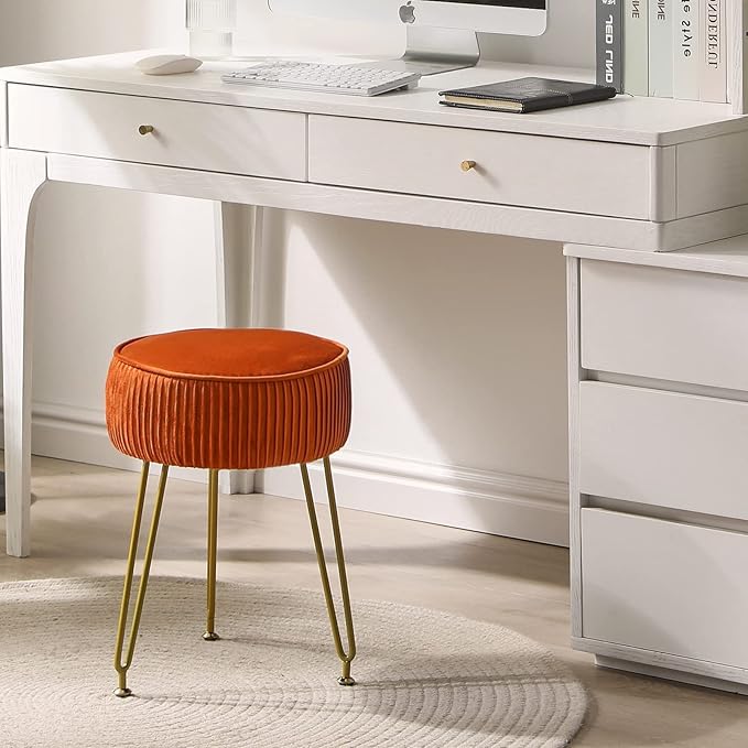 IBUYKE Velvet Round Footrest Stool Ottoman, Makeup Vanity Stool Side Table, Velvet Dressing Table Seat, Pouf Couch Stool, Golden Steel Legs, Orange LG-30J