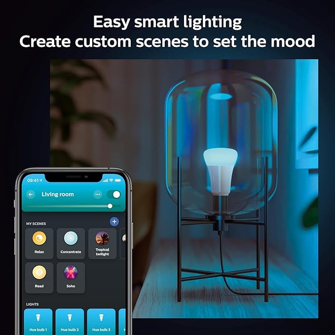 Philips Hue Smart Light Bulbs Starter Kit, Includes (1) Bridge, (2) 60W A19 Bulbs, White and Color Ambiance LED Color Changing Lights, 800LM, E26, Control with App or Voice Assistant