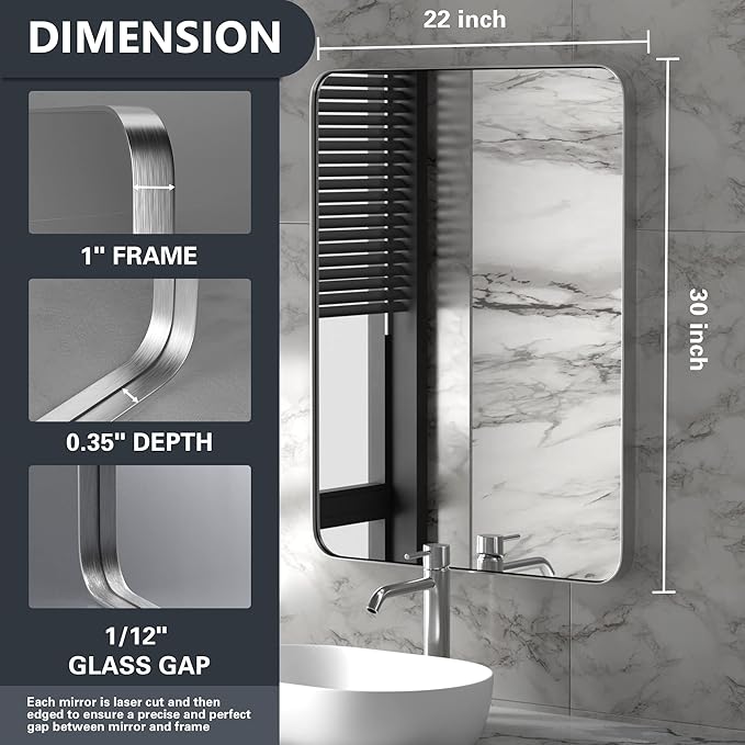 PAIHOME 22x30-Inch Brushed Nickel Bathroom-Vanity-Mirror for Wall - 304 Stainless Steel Silver Frame Bathroom Mirrors, Rectangle Farmhouse Mirror, Vertical Or Horizontal Hanging Modern Mirror