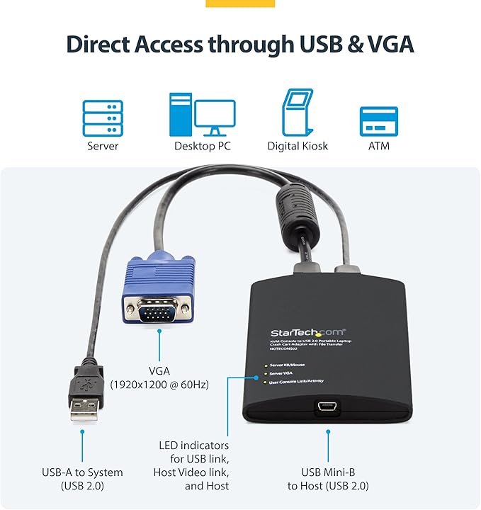 StarTech.com Portable Laptop Crash Cart Adapter, USB/VGA Analogue KVM Console, File Transfer & Video Capture, Windows/Linux/MacOS, TAA