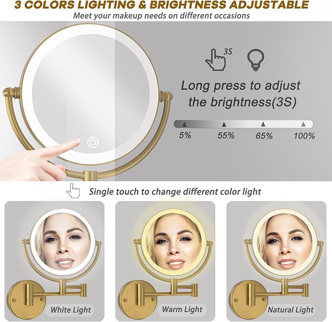 Hardwired Bathroom Makeup Mirror Wall Mount Gold, Double Sided 1/10X Magnifying Make up Mirror with Lights 3 Color & Adjustable Brightness, 360 Swing Arm Shaving Mirror, Brushed Moderne Brass
