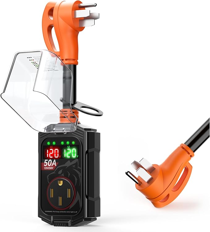 Vehiker 50 Amp RV Surge Protector, Industry-Leading 18000 Joules Power Guard, Circuit Analyzer with Real-Time Dual Voltage Display, Waterproof Cover, Ergonomic Handle, Heavy Duty RV Accessories