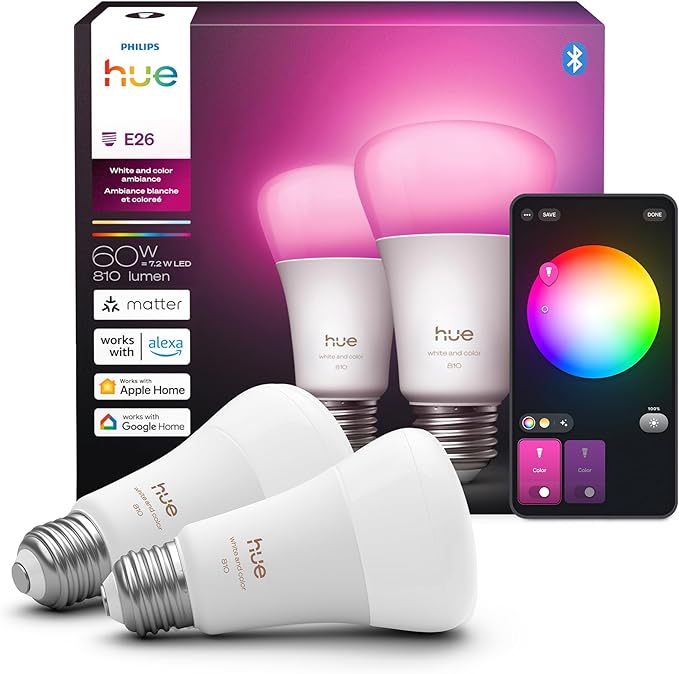 Philips Hue Smart LED A19 Bulb, White & Color Ambiance, E26 Base, 7.2W, Full Spectrum Light 1000K-20000K, 810 Lumens, Dimmable, Works with Alexa, Google,& Apple Home,2pk