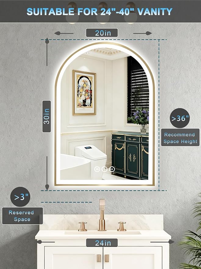 20x30 Inch Arch LED Bathroom Mirror, Gold Lighted Bathroom Mirrors Wall Mounted, Vanity Mirror with Anti-Fog, Memory Function, 3 Color Temperature, Dimmable Led Mirror for Bathroom