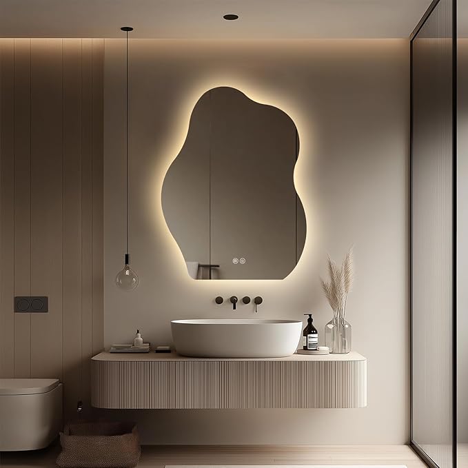 LED Bathroom Mirror with Lights 24x32, Stepless Dimmable Irregular LED Mirror with 3 Colors, Anti-Fog, Memory, Al-Alloy Lampshade, Frameless Makeup Mirror for Bathroom (Vertical Only)