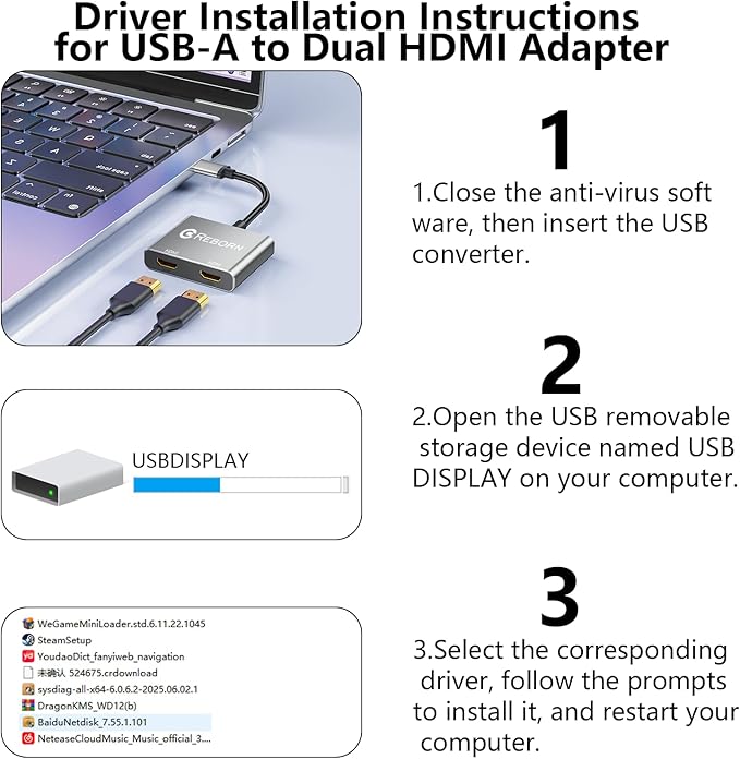 Reborn USB to HDMI Adapter, 1080P@60Hz USB 3.0 Male to Dual HDMI Female Multi-Display Cable Converter Suitable for MacOS, Windows 7/8/10/11 - Driver Installation is Required