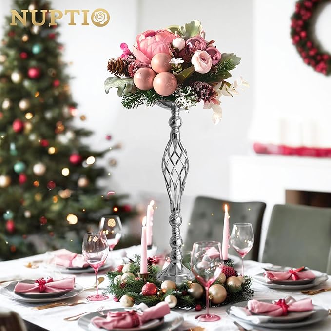 Set of 2 Versatile Silver Flower Arrangement Stand & Pillar Candle Holder Set for Wedding Party Dinner Centerpiece Event Restaurant Hotel Decoration (Silver Twist Style, 2 x L)