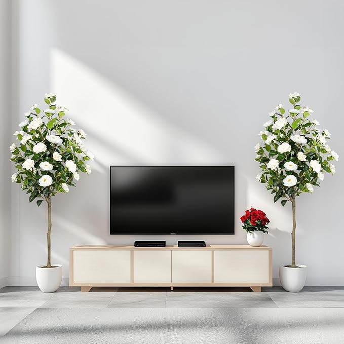 Artificial Camellia Tree 2 Pack, Artificial Plants Outdoor Faux Floral Plant in Cement Pot Fake Silk Camellia Tree Plants for Home House Living Room Office Decor