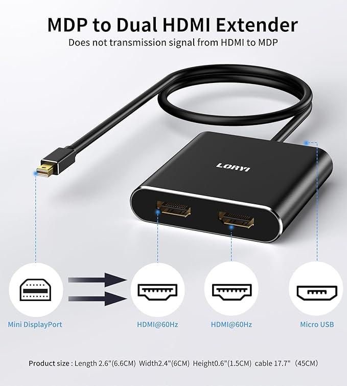 Mini DisplayPort to Dual HDMI Adapter 4K@60Hz, MDP 1.2 to 2 HDMI Splitter, Dual hdmi Output, Supports Extended Mode and Mirror Mode, Compatible with Laptops, PCs, Monitors, Projectors, for Windows