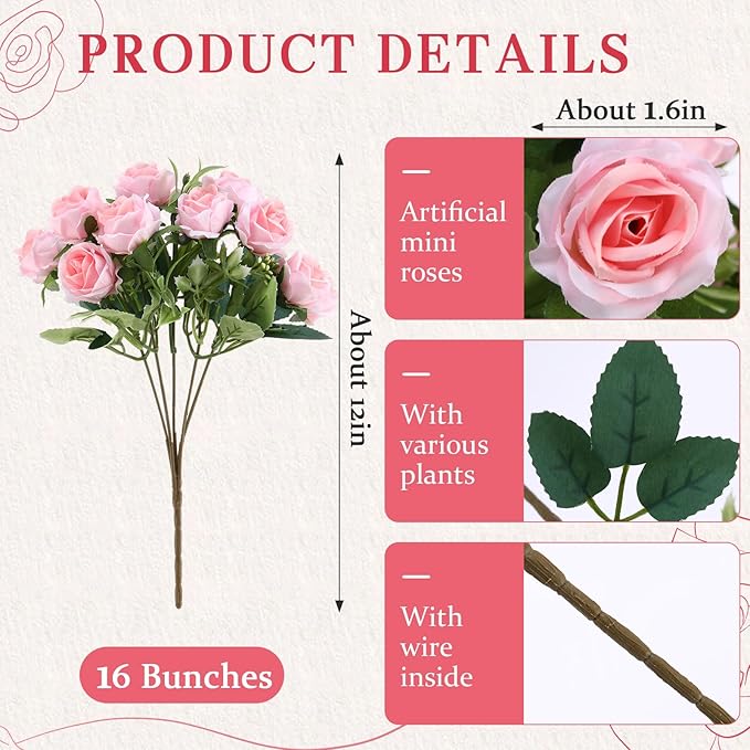 Zeyune 16 Bunches 12 Inch Artificial Mini Rose Bouquet 160 Heads Bridal Flower Bouquets Fake Silk Rose Bulk for Wedding Bridal Shower Christmas Home Office Garden Decoration(Light Pink)