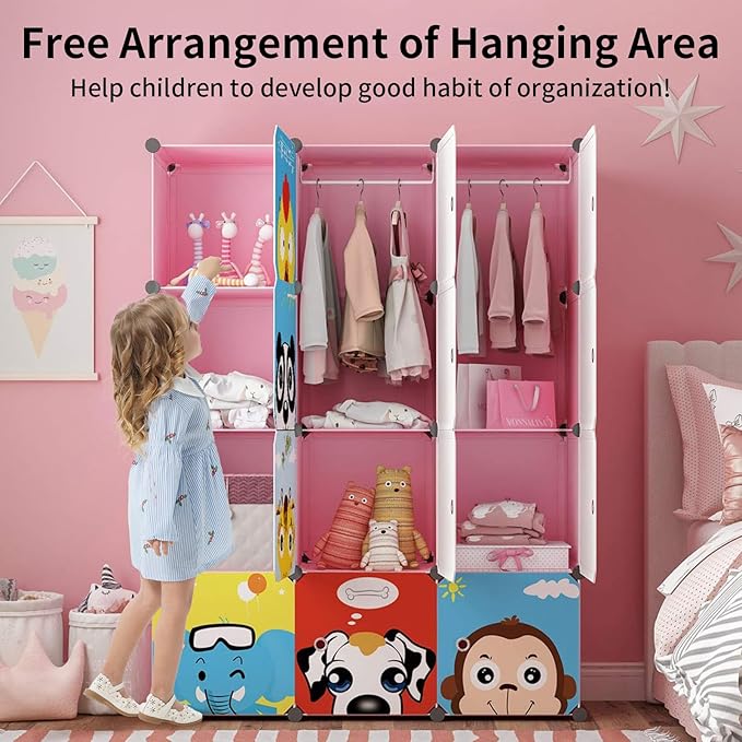 MAGINELS Children Wardrobe Kid Dresser Cute Baby Portable Closet Bedroom Armoire Clothes Hanging Storage Rack Cube Organizer,(Pink, 8 Cube & 2 Rod)