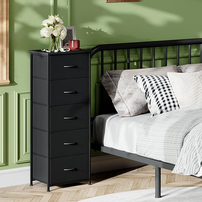 Somdot Tall Dresser for Bedroom with 5 Drawers, Storage Organizer Chest of Drawers with Removable Fabric Bins for Closet Bedside Living Room Laundry Entryway Hallway, Black