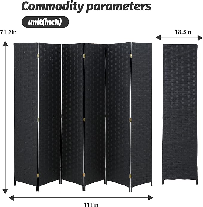 FDW Room Divider 6 Panels Wood Mesh Hand-Woven Design Indoor Folding Portable Partition Screen, Coal Black