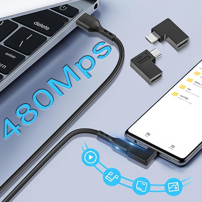 QIANRENON 90 Angle USB C to Micro USB Adapter - 10W (5V2A) 480Mbps, Left Angle Connector Plug, for Phone, Camera, MP3, MP4 - 2Pcs (Left Bend)
