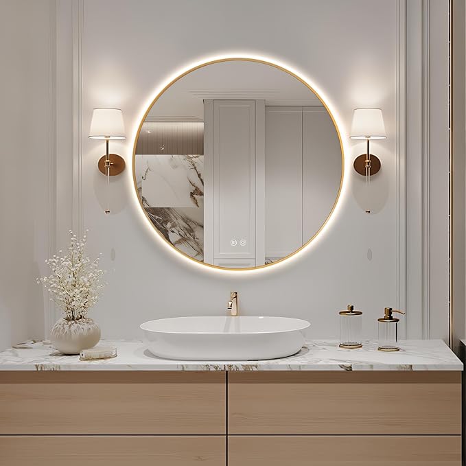 Niccy Round Led Mirror for Bathroom, 28" Backlit Mirror for Wall Circle Lighted Mirror with Gold Frame Anti-Fog, 3 Colors, HD Glass and IP65 Waterproof