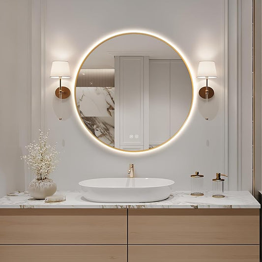 Niccy Round Led Mirror for Bathroom, 28" Backlit Mirror for Wall Circle Lighted Mirror with Gold Frame Anti-Fog, 3 Colors, HD Glass and IP65 Waterproof