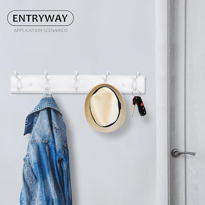 Wooden Coat Rack, Wall-Mounted Organizer for Closet, Entryway, Hallway, Foyer, Bedroom, Heavy Duty Double Hooks for Hanging Towels, Bags, Hats, Jackets, Key (White, 5 Hooks)