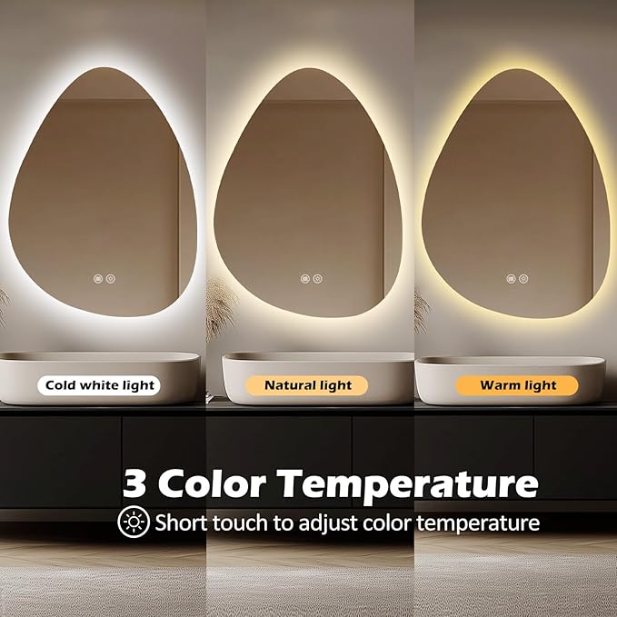 LED Light Bathroom Mirror 24x32, Stepless Dimmable Irregular LED Mirror with 3 Colors, Anti-Fog, Memory, Al-Alloy Lampshade, Frameless Makeup Mirror for Bathroom (Horizontal/Vertical)