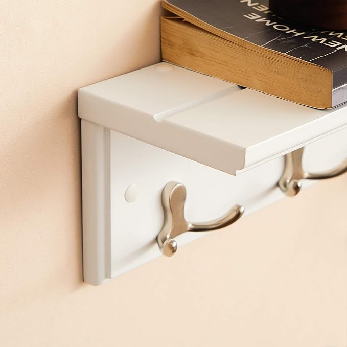 SONGMICS Entryway Hanging Coat Rack, Wall-Mounted Wooden Shelf, with 4 Double Hooks, Wall Floating Shelf, White ULHR42WT