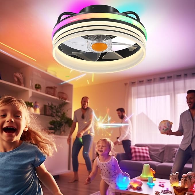 Flush Mount Ceiling Fan with Light - Small Low Profile Ceiling Fan,13" RGB Dimmable LED Bladeless Ceiling Fans, Modern Enclosed LED-RGB Ambient Light for Bedroom, Kids Room, Party