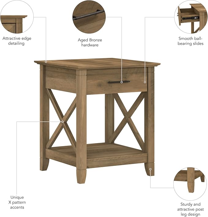 Bush Home End Table with Drawer, Nightstand with Storage, Living Room and Bedroom Furniture, Key West Collection, Reclaimed Pine