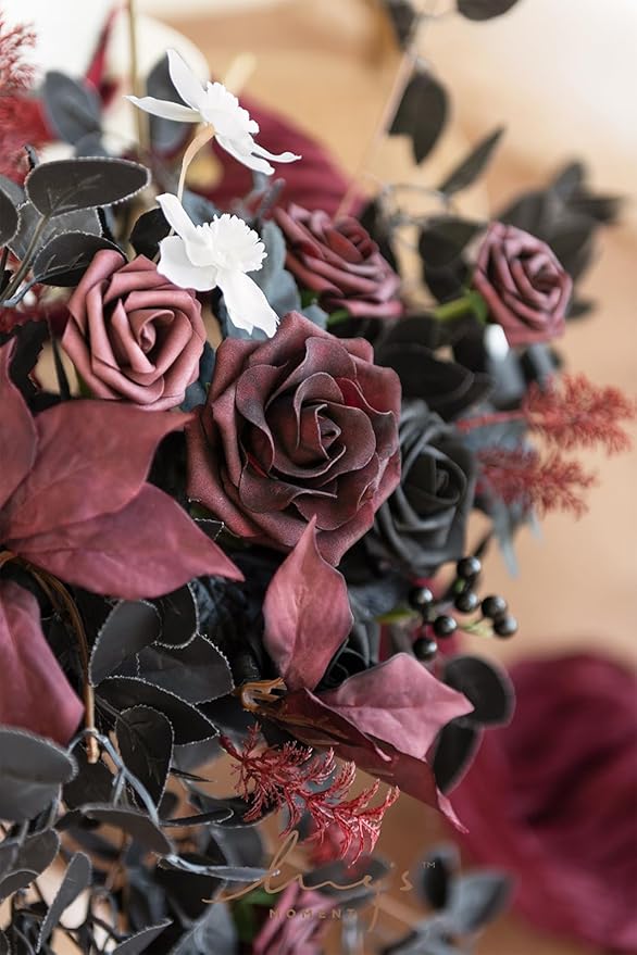 Ling's moment 2PCS Black Artificial Floral Swags Arch Flowers Burgundy Wedding Rose Garland Greenery Arrangements Centerpieces for Sweetheart Table Decor Wall Window Garden Decor Maroon Gothic
