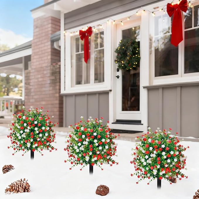 2 Pack Artificial Christmas Tree,Xmas Fake Topiary Ball Boxwood Trees with Ground Spikes,Faux Blooming Plants Shrubs Bushes for Outdoors Urn Filler Planters Garden Porch Christmas Decor