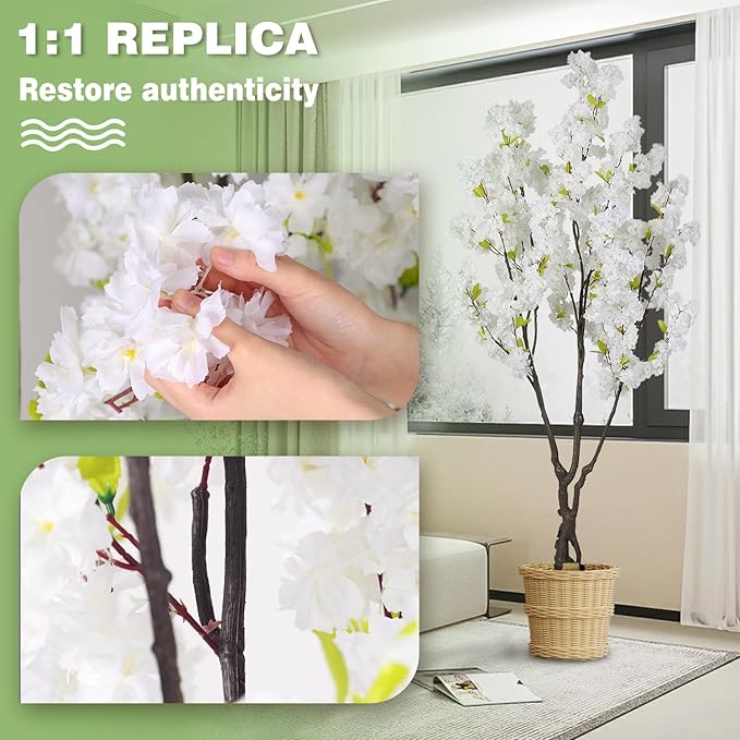 Artificial White Cherry Blossom Tree 6ft(74in) Faux White Flower Tree Indoor Decor Handmade Natural Fake Cherry Tree for Wedding Realistic Cherry Blossom Plant for Home,Living Room,Office Decor