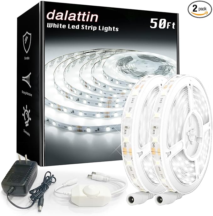 dalattin White LED Strip Lights 50ft Dimmable Bright 24V Led Light Strip 6500K Daylight White 900 LEDs Lights for Bedroom, Mirror, Kitchen, Strong Adhesive（2 Rolls of 25ft）