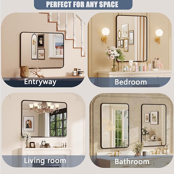 Black Bathroom Mirror for Over Sink - 22×30 Rectangle Bathroom Vanity Mirror Wall Mounted with Matte Aluminum Frame & Rounded Corners, Shatterproof Tempered-Glass, Horizontal/Vertical