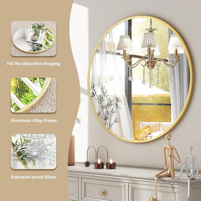 HARRITPURE Round Mirror 19.6 Gold Wall Mounted Circle Mirrors Vanity Mirror with Brushed Aluminum Alloy Frame Modern Decoration for Bathroom, Living Room, Vanity, Bedroom, Entryway