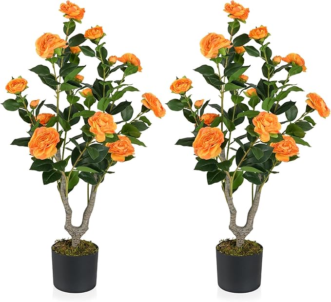 GOFLAME 3FT Artificial Camellia Tree, 2 Pack Faux Camellia Plant with Orange Flowers, Solid Wood Trunk, Realistic Moss, Greenery Potted Decoration Tree for Indoor Outdoor Home Porch Front Door