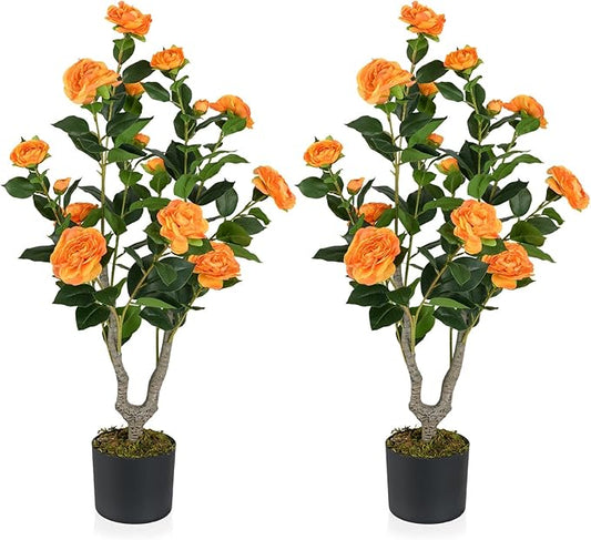 GOFLAME 3FT Artificial Camellia Tree, 2 Pack Faux Camellia Plant with Orange Flowers, Solid Wood Trunk, Realistic Moss, Greenery Potted Decoration Tree for Indoor Outdoor Home Porch Front Door