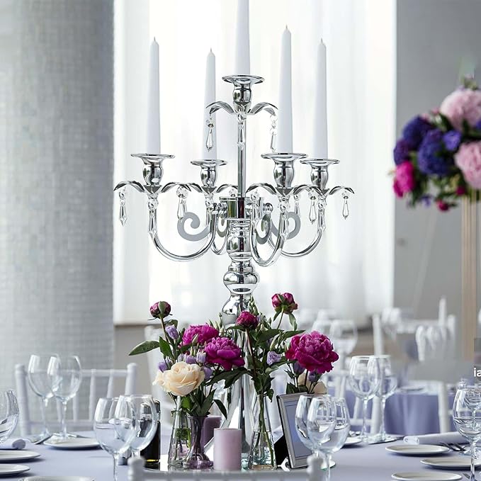 2 Pcs 20.3'' Tall 5 Arm Silver Candelabra Centerpiece for Table, Metal Crdystal Candle Holder, Retro Candlestick Table Centerpieces for Party, Events, Home, Wedding Decor (2, Silver)