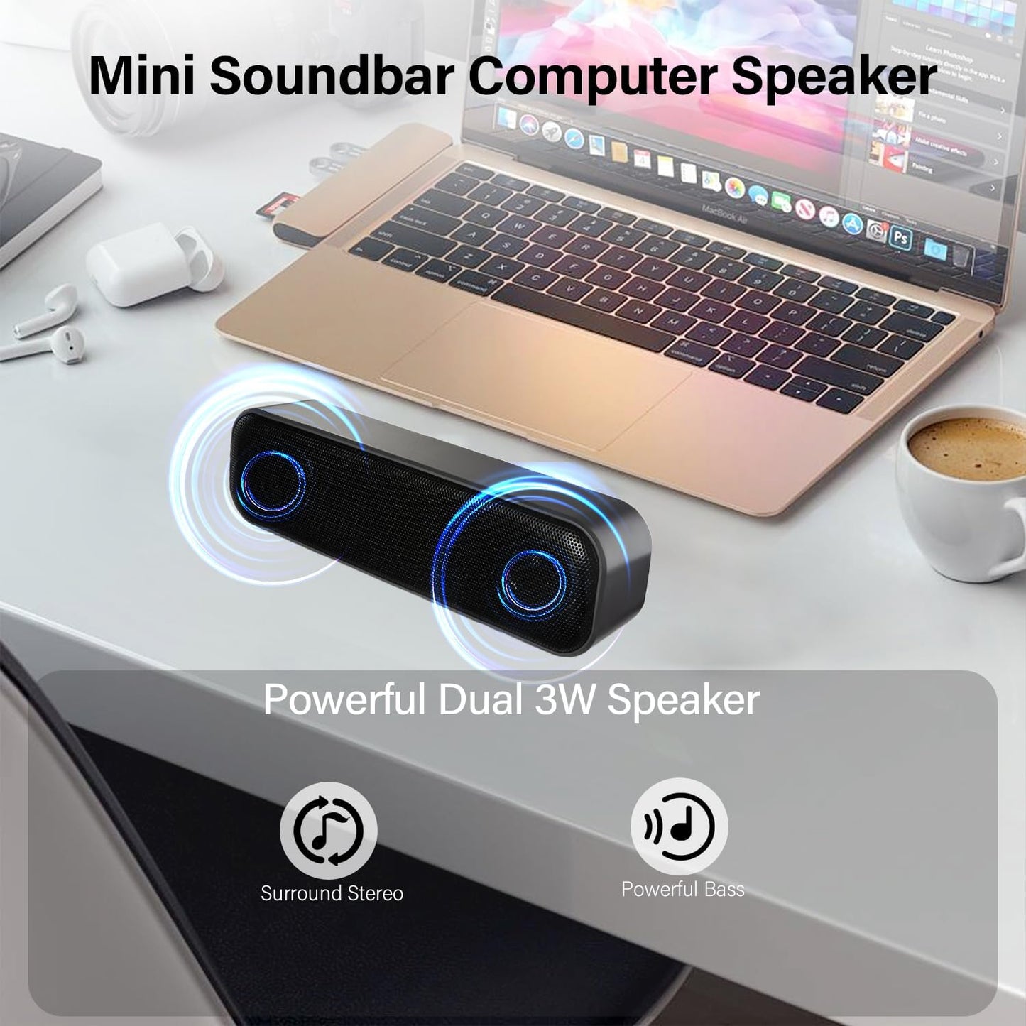ZETIY Updated Computer Speaker, USB Powered Mini Sound Bar for Desktop, Windows PC, Mac, Plug and Play with Volume