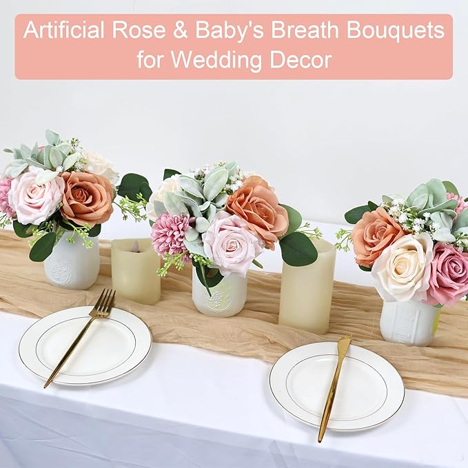Bridesmaid Bouquets Set of 4 - Blush & Pink Artificial Flowers Bouquet for Bridesmaids Wedding Small Floral Centerpieces for Marriage Proposal Party Anniversary Dining Table Decor -7 Inch