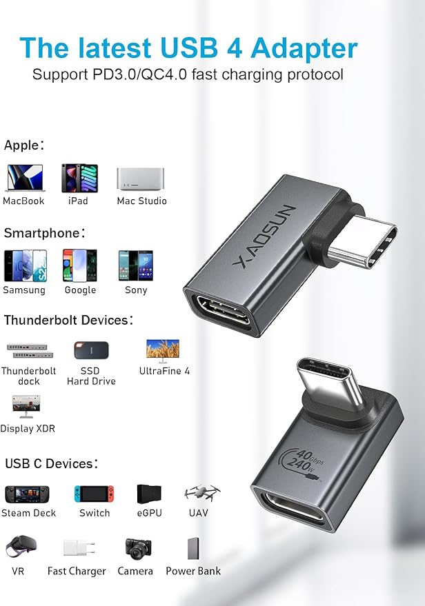 XAOSUN 90 Degree USB C to C Adapter Mixed Pack (240W 40Gbp 8K),Right Angle USB C Male to USB C Female Adapter, USB4 Type C Power Data Extender for rog Ally, steam Deck, Dock, iPhone 15 pro max Plus