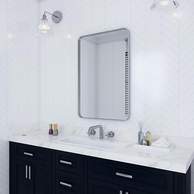 VocalStar 22 x 30 Inch Silver Bathroom Mirror for Wall, Rounded Rectangle Nickel Metal Framed Bathroom Vanity Mirrors, 1/4-inch Shatterproof Glass | Ultra-Flush Hanging