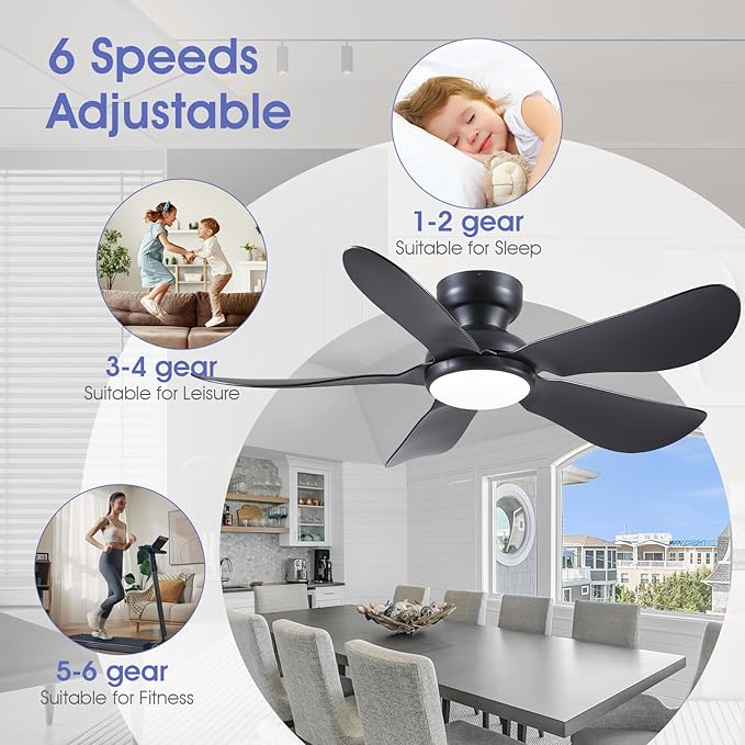 46 Inch Modern Ceiling Fans with Lights, Flush Mount Ceiling Fan with Light and Remote/APP Control, 5 Reversible 6 Speeds Curved Blades, 3 CCT Dimmable Lights for Bedroom, Black