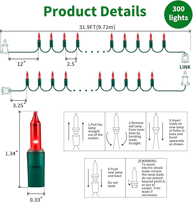 LAMPHOME Super-Bright Extendable RED Christmas Lights Decoration 300 Lights 63.8ft(2pk of 150L) UL Certified Mini Bulb String Lights Set for Outdoor Christmas Tree Garden Holiday Party Patio Decor