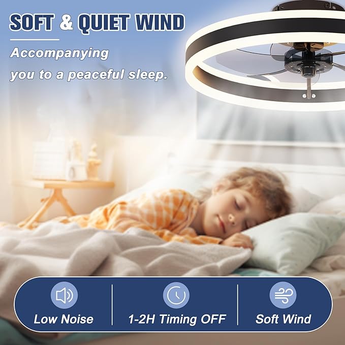 VOLISUN Low Profile Ceiling Fans with Lights and Remote, 19.7in Flush Mount Ceiling Fans with Light, 3000K-6500K Dimmable Fandelier LED Fan Light, Black Bladeless Ceiling Fans with Lights for Bedroom