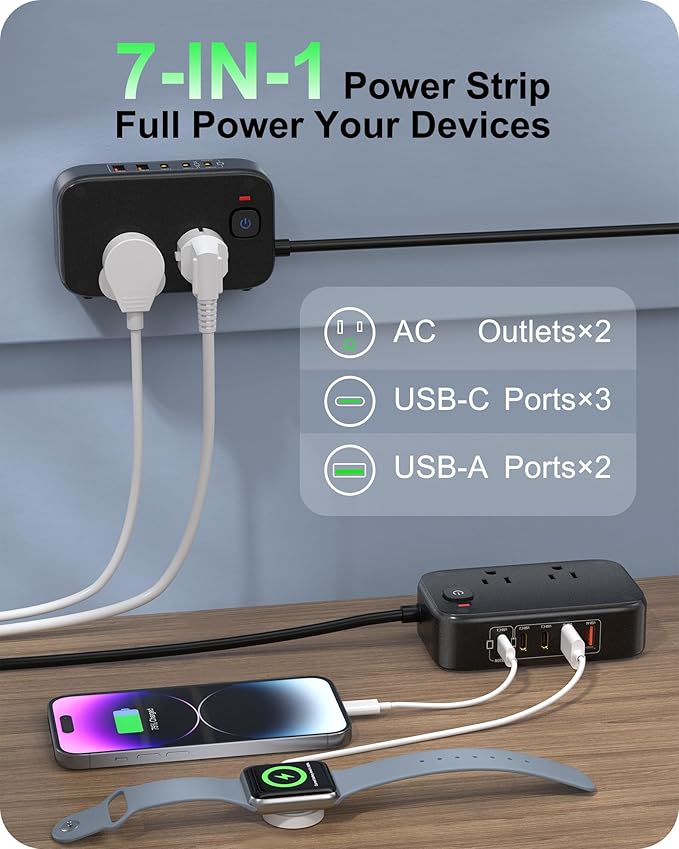 Portable Travel Power Strip 7-in-1 with PD20W Fast Charging 5 USB Ports 2500W AC Outlets 5FT Flat Plug Extension Cord for Home Office Travel