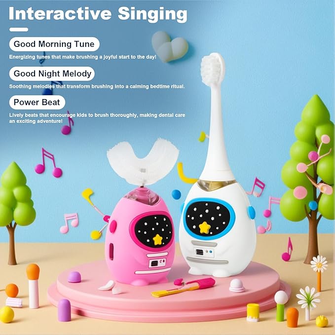 Kids U Shaped Electric Toothbrush with Music, 3 Modes, Voice Teaching, Mouthpiece Cleaning, Soft Bristle, Type-C Charging, Ages 3-12 Boys & Girls (Heroic White)