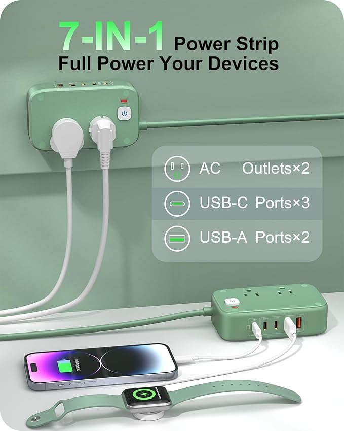 5FT USB Charging Station with Outlets, Flat USB C Travel Power Strip PD 20W Charger with 2500W AC Outlets, 3 USB-C Ports, 2 USB-A Ports Extension Cord for Home/Office/Travel
