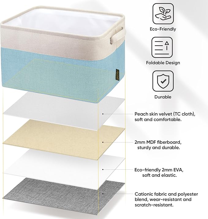 BALEINE 4 Pack Fabric Storage Bins for Shelves, Linen Storage Baskets for Organizing, Decorative Closet Bins for Clothes, Home (Skyblue, 15''x11''x9.5'')