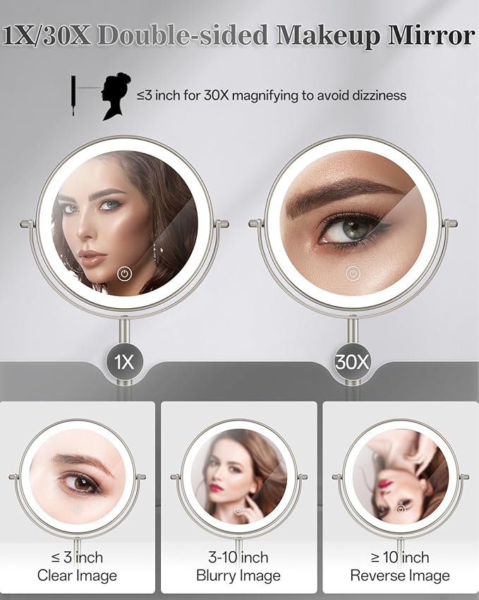 Makeup Mirror with Lights, 1X/30X Lighted Magnifying Mirror Height Adjustable, 3000mAh Rechargeable Double Sided Vanity Mirrors with 3 LED Lighting and Adjustable Brightness for Desk Women Gift