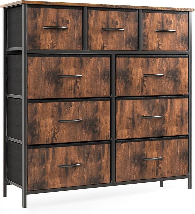 OLIXIS Dresser for Bedroom, 9 Storage Drawers, Tall Large Fabric Storage Tower Organizer, Chest of Drawers with Metal Frame Wooden Top for Nursery, Closet, Living Room, Entryway, Classic Rust Brown