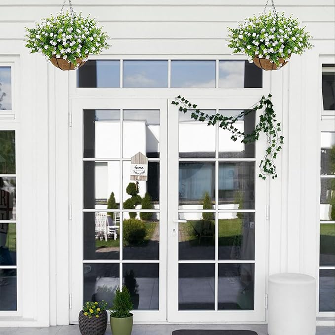 Artificial Hanging Flowers Basket for Outdoor, 16 Fake Flowers Look Real UV Resistant, Faux Hanging Plants for Porch, Balcony, Patio, Garden, Spring Summer Decor,White